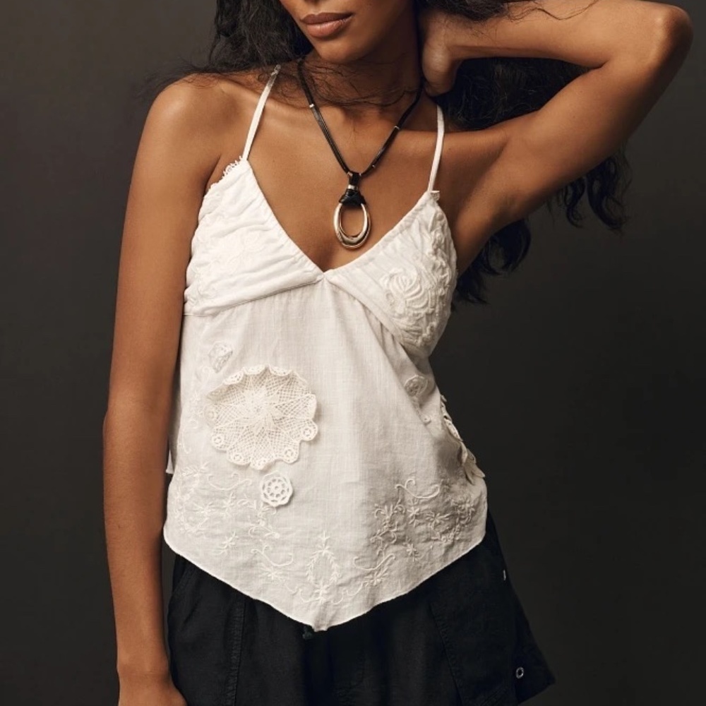 NWT Anthropologie White Sheer Embroidered Cami Tank Large